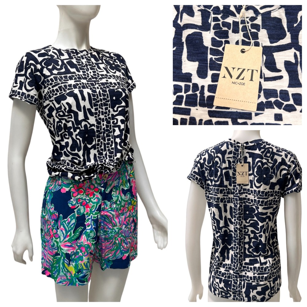 Mew NIC+ZOE NZT Abstract Mosaic Women Tee Black White Preppy XS NWT Art to Wear